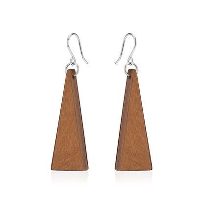 Wooden Triangle Earrings with titanium hook on a white background