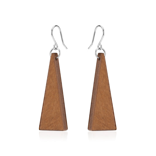 Wooden Triangle Earrings with titanium hook on a white background