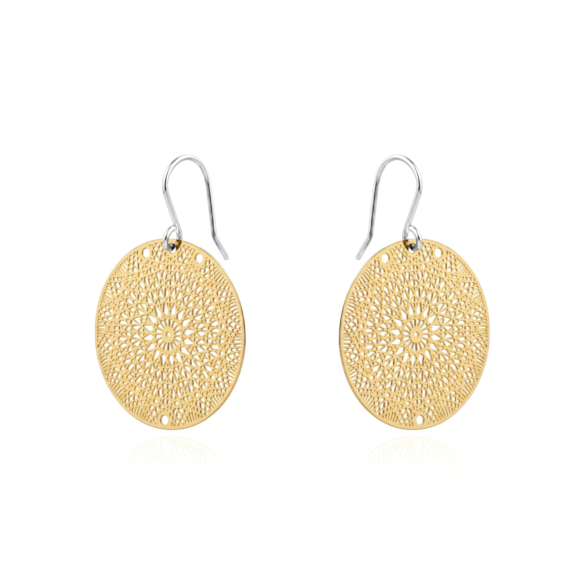 Gold Geometric disc titanium earrings 25mm diameter on a white background