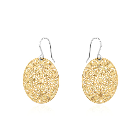 Gold Geometric disc titanium earrings 25mm diameter on a white background