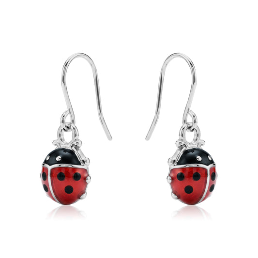 Ladybug earrings with a titanium hook on a white background