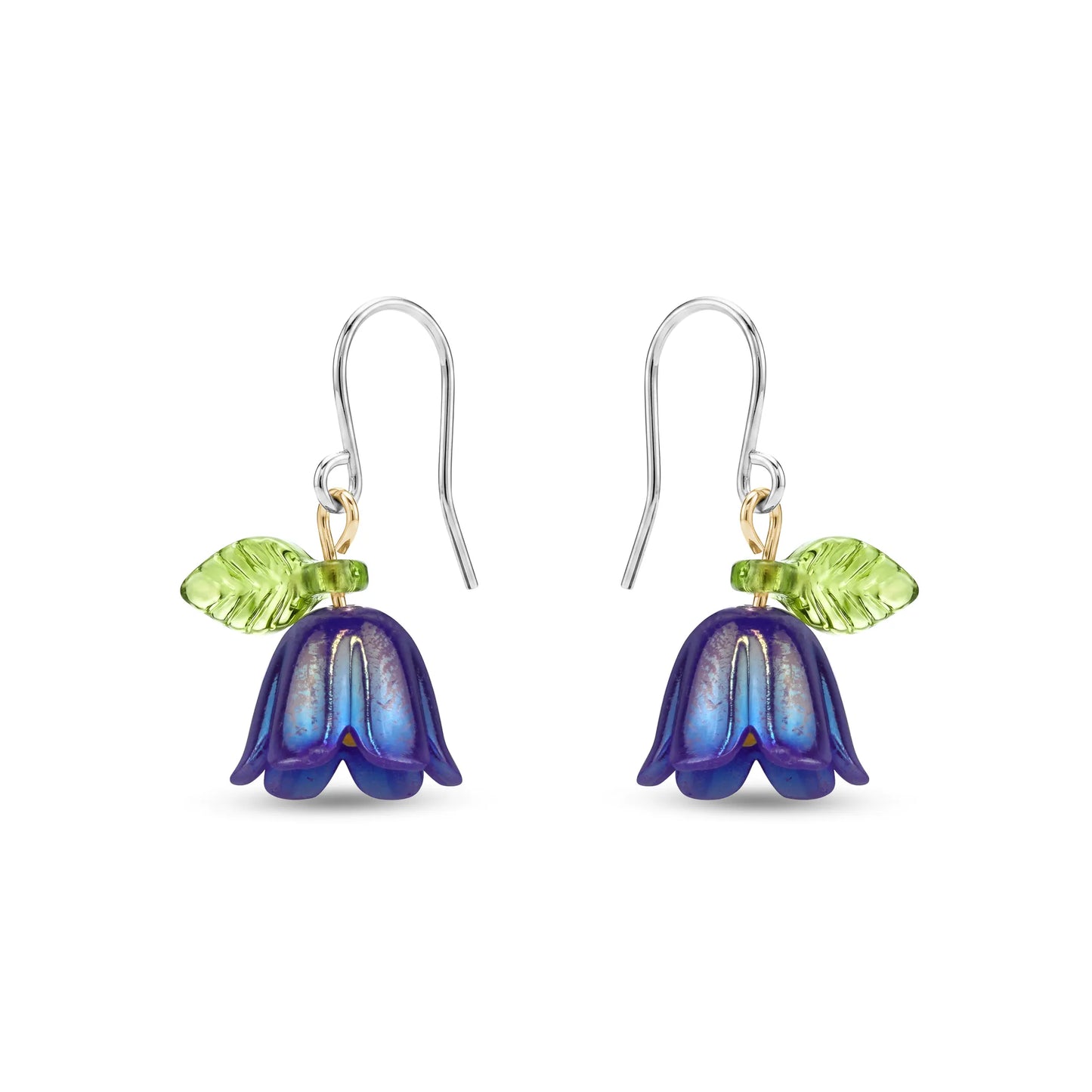 Pair of titanium floral earrings with purple and green details on a white background