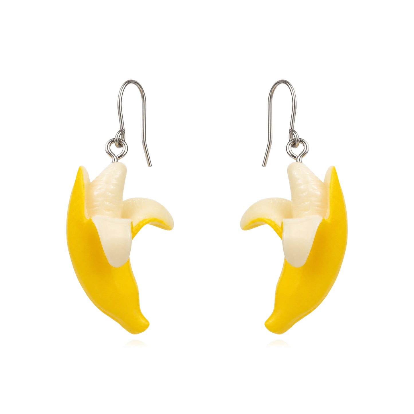 Banana drop earrings with titanium hook on a white background