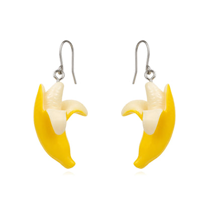 Banana drop earrings with titanium hook on a white background