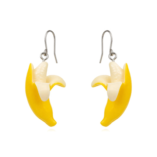Banana drop earrings with titanium hook on a white background