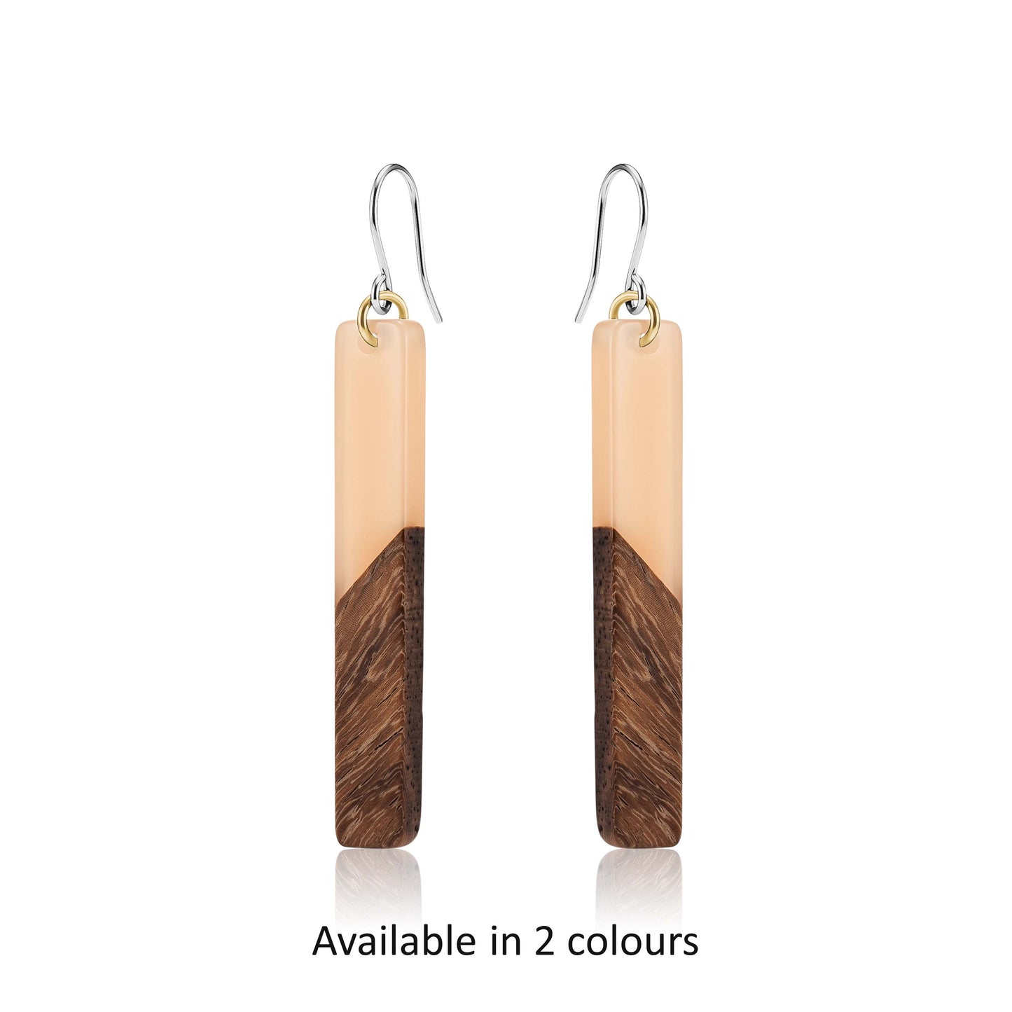 Wooden earrings with a beige and brown design with titanium hooks on a white background