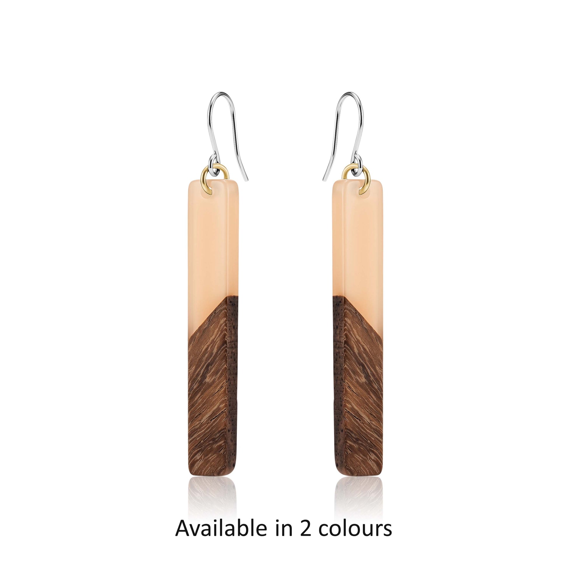 Wooden earrings with a beige and brown design with titanium hooks on a white background