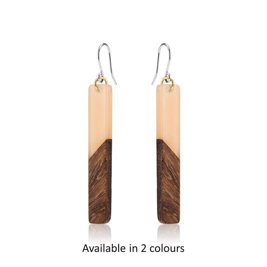 Wooden earrings with a beige and brown design with titanium hooks on a white background