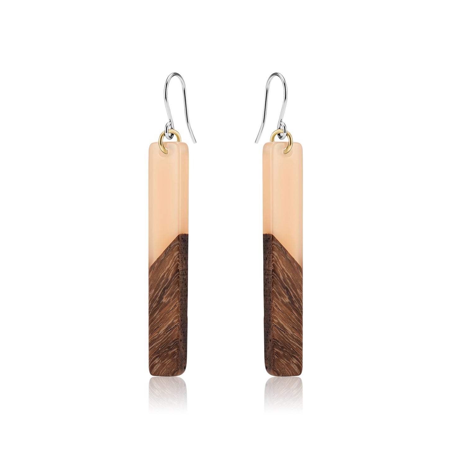 Translucent wood earrings with titanium hook on a white background 