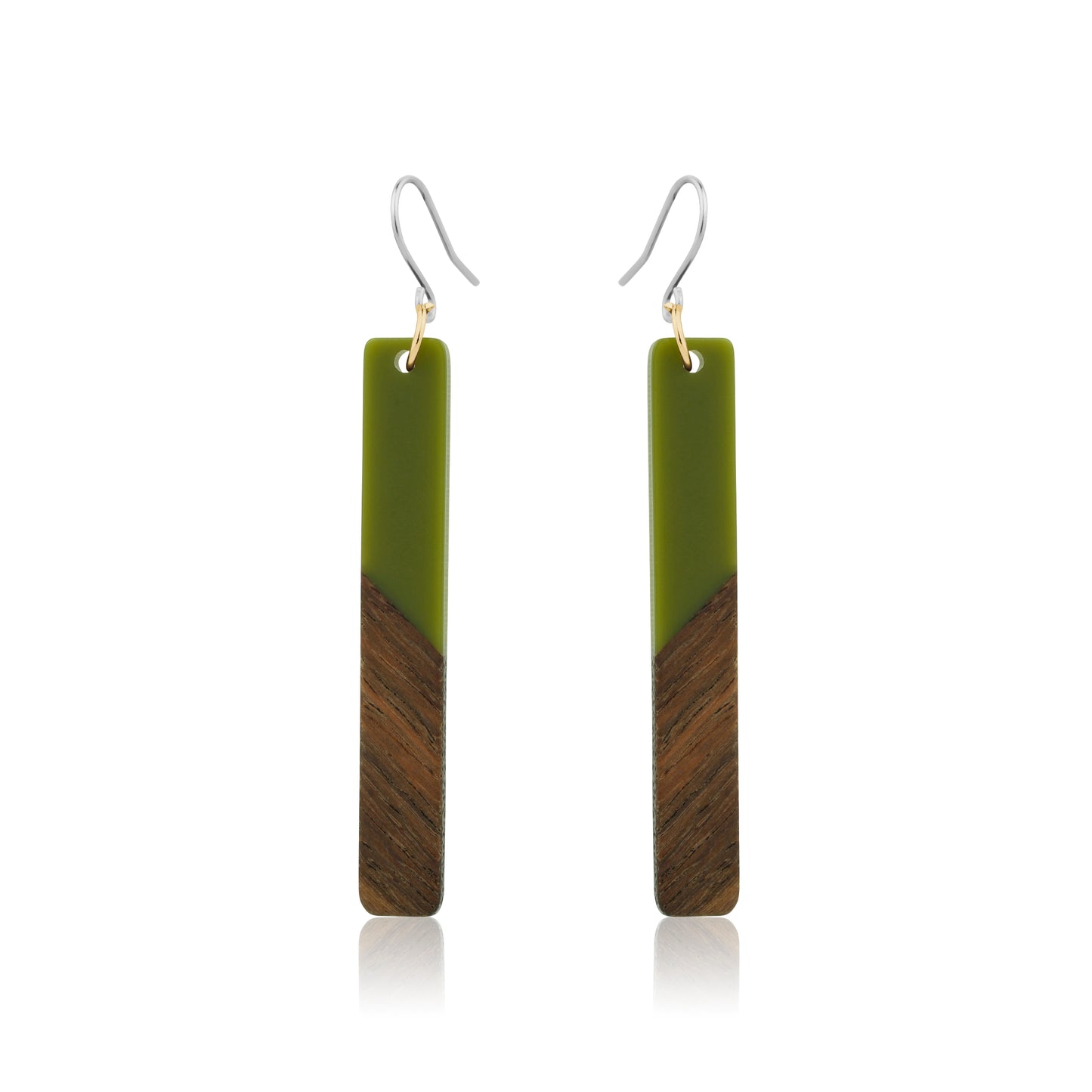 Translucent wood green earrings with titanium hook. on a white background 