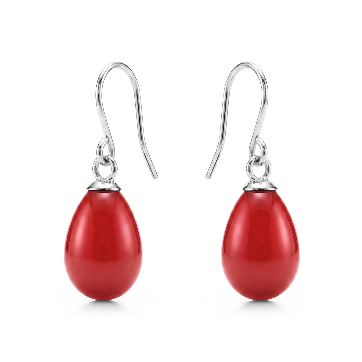 Red teardrop earrings with titanium hooks on a white background
