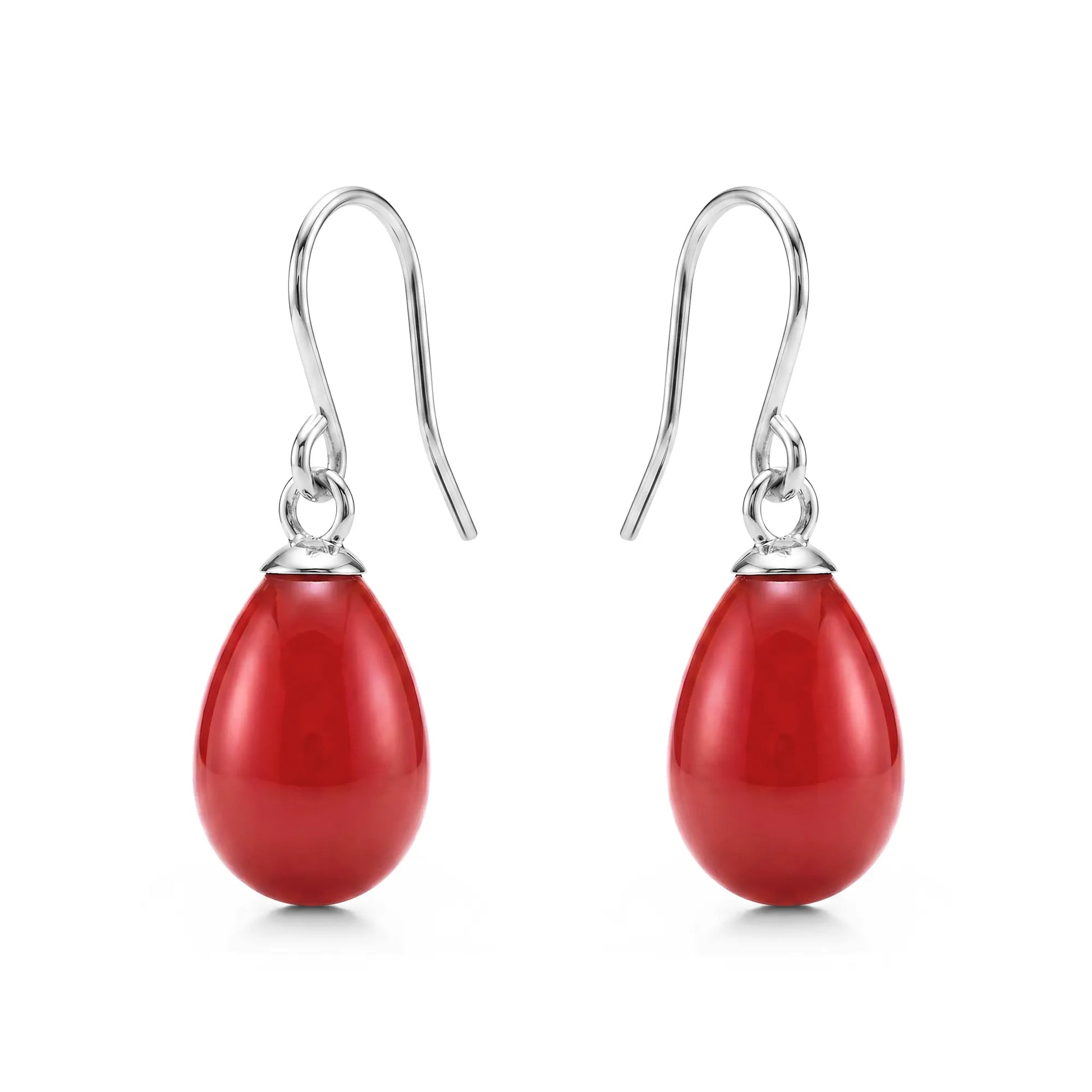 Red teardrop earrings with titanium hooks on a white background
