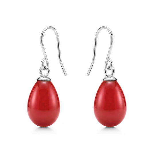Red teardrop earrings with titanium hooks on a white background