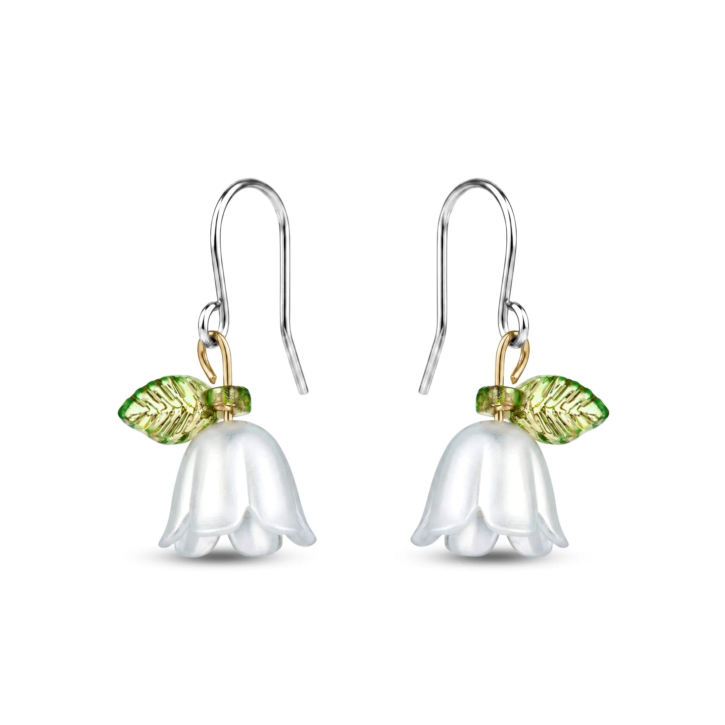 Titanium Floral earrings with white flower and green leaves on a white background