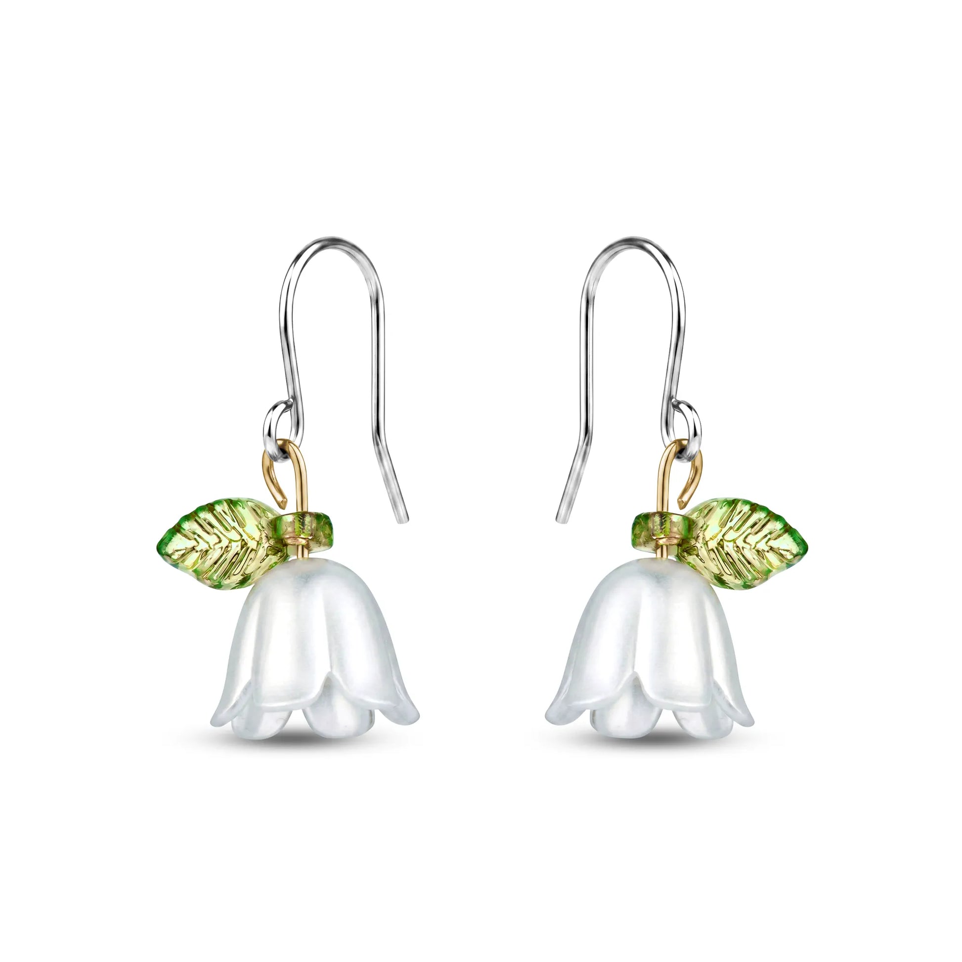 Titanium Floral earrings with white flower and green leaves on a white background