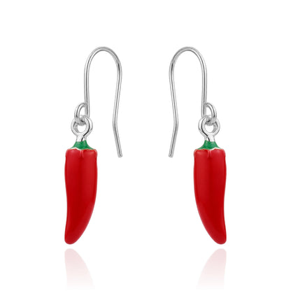 Red small hot pepper titanium earrings for sensitive ears on a white background