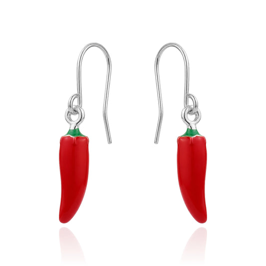 Red small hot pepper titanium earrings for sensitive ears on a white background