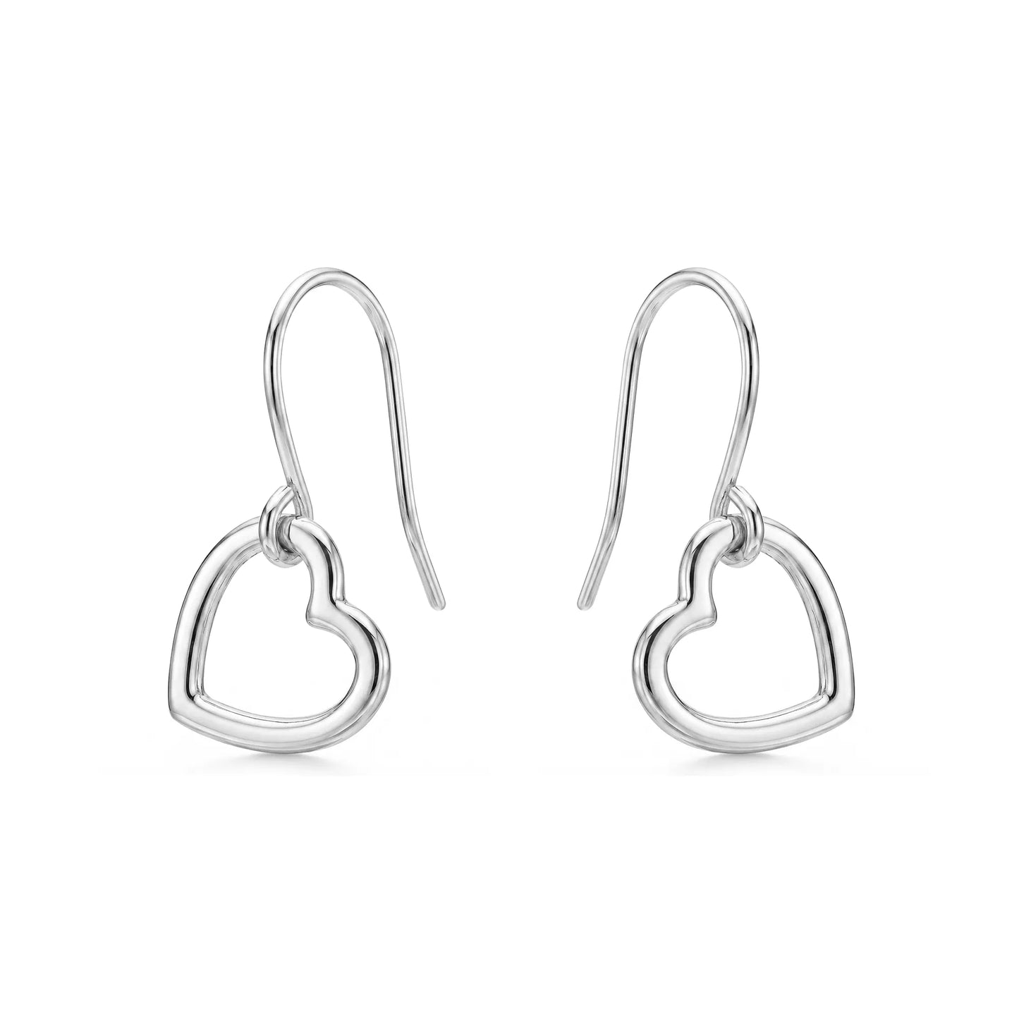 Mini silver heart earrings with a titanium hook on a white background