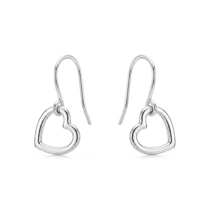 Mini silver heart earrings with a titanium hook on a white background