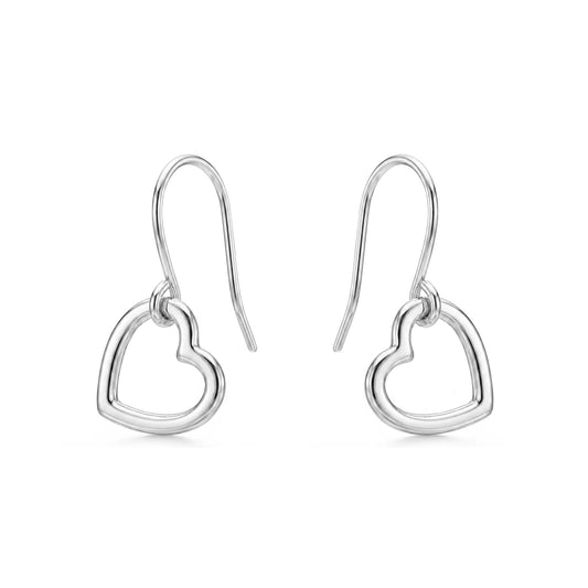 Mini silver heart earrings with a titanium hook on a white background