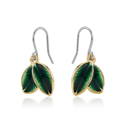 Pair of green leaf-shaped titanium earrings with gold on a white background