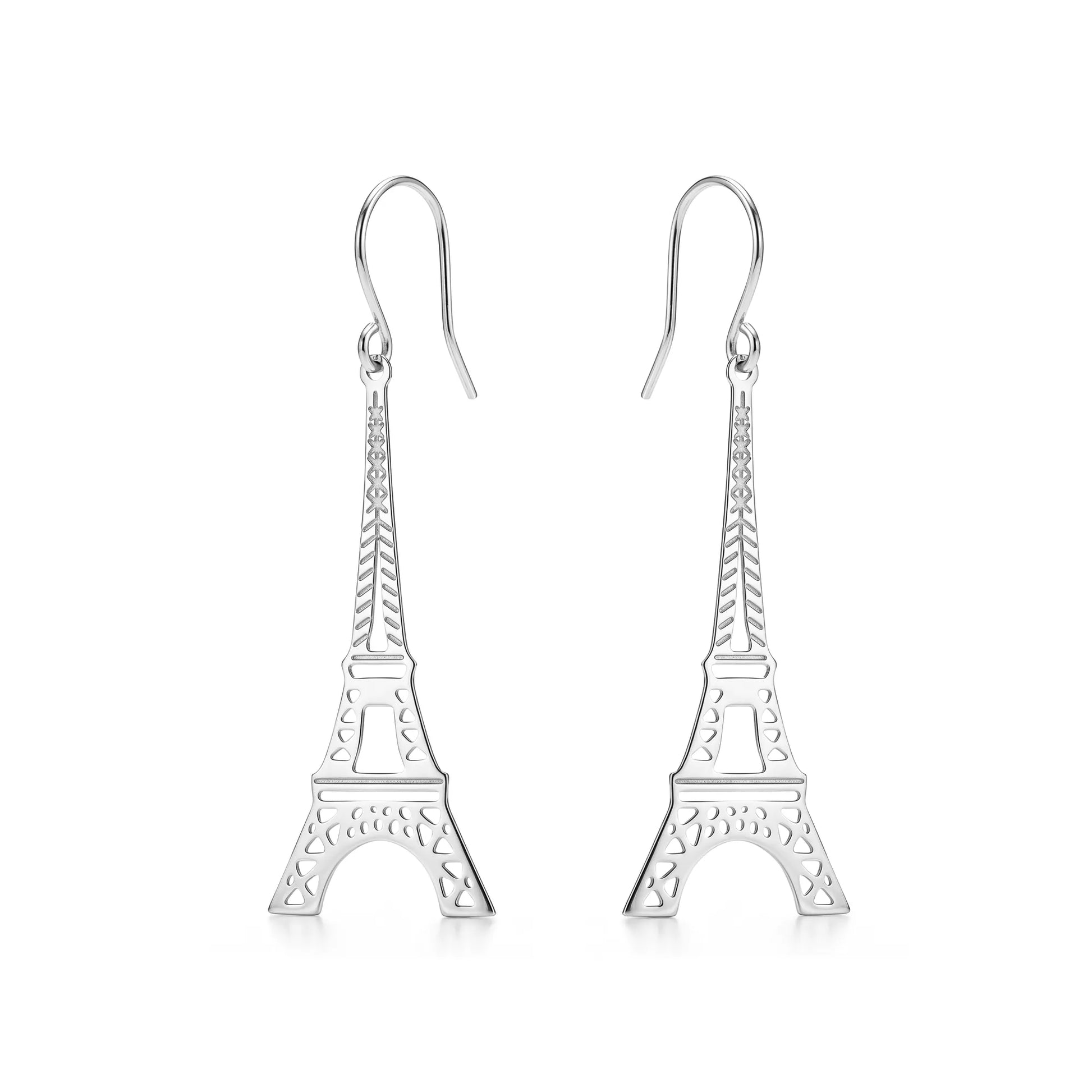 Titanium Silver Eiffel Tower earrings on a white background