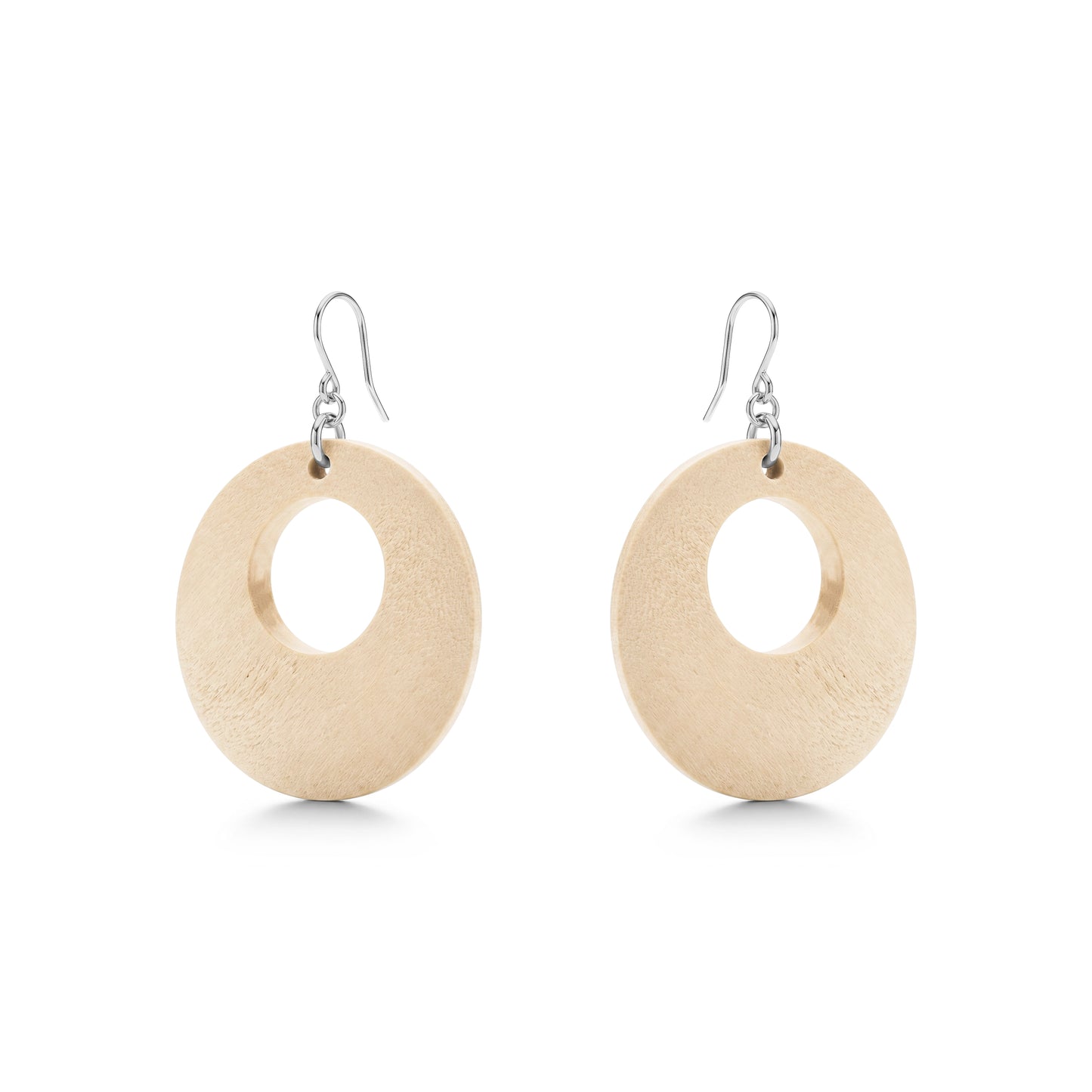 Wooden Hoopish Earrings with titanium hook on a white background