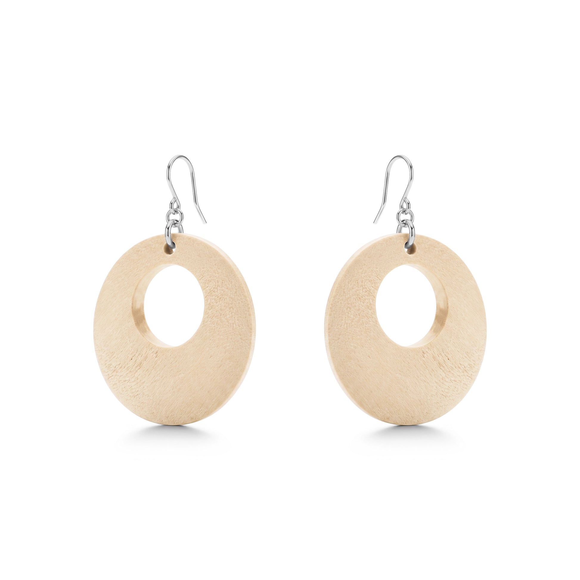Wooden Hoopish Earrings with titanium hook on a white background