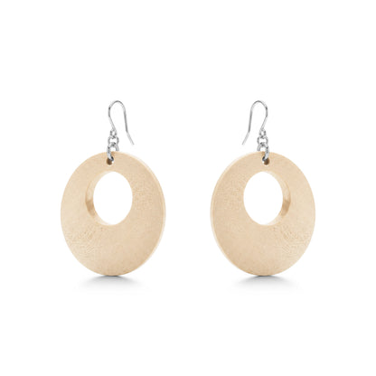 Wooden Hoopish Earrings with titanium hook on a white background