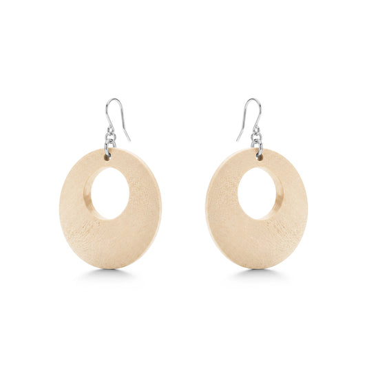 Wooden Hoopish Earrings with titanium hook on a white background