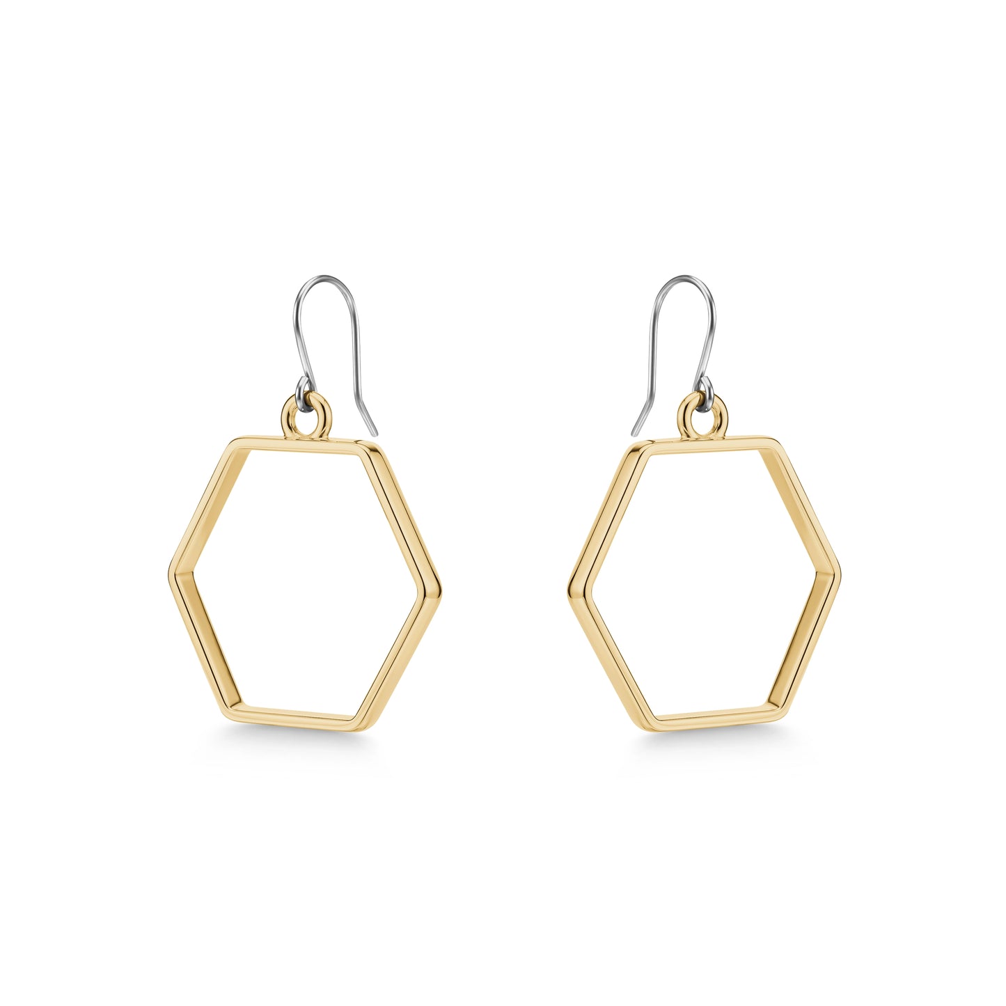 Hexagon hoop polygon drop earrings with a titanium hook on a white background