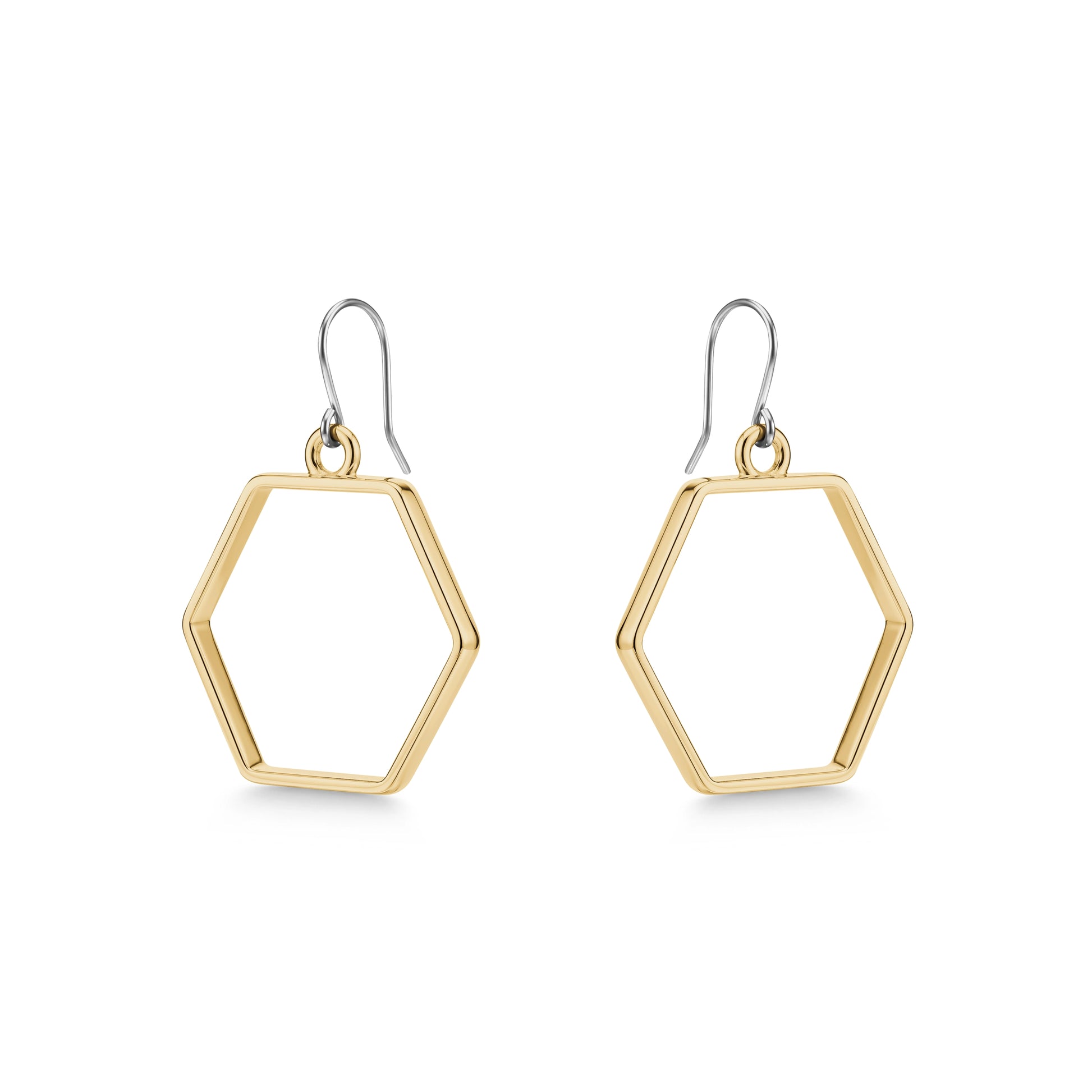 Hexagon hoop polygon drop earrings with a titanium hook on a white background