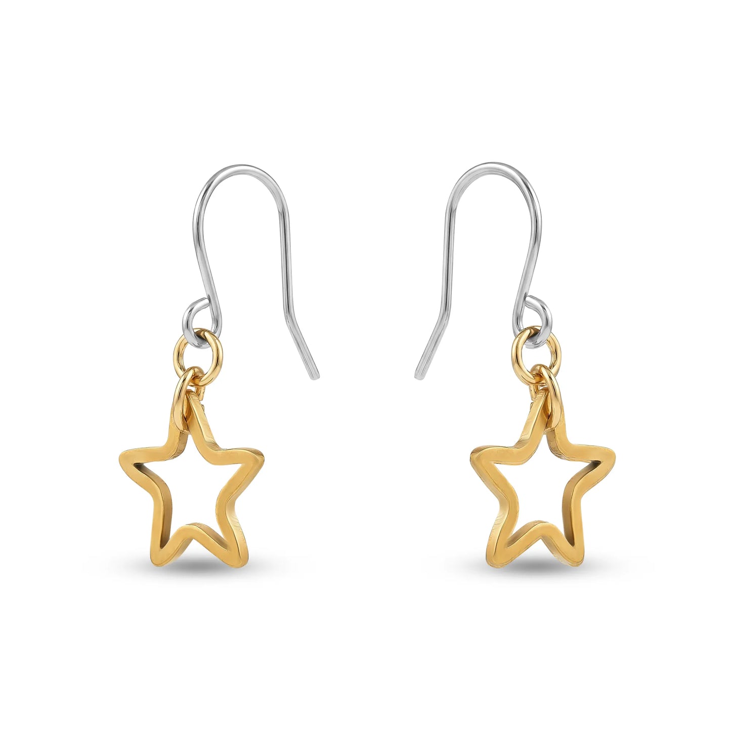 Star-shaped titanium earrings in gold  on a white background