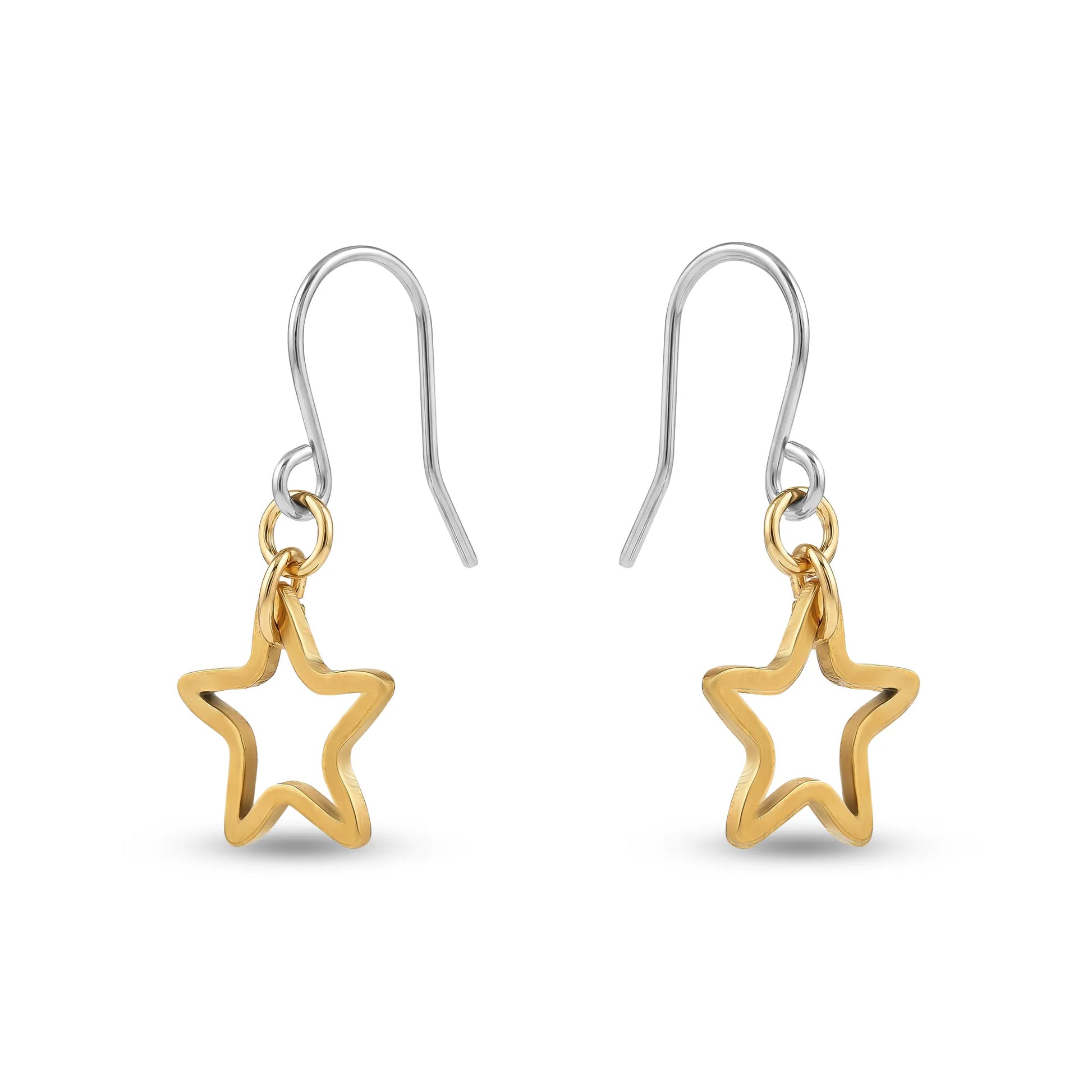 Star-shaped titanium earrings in gold  on a white background