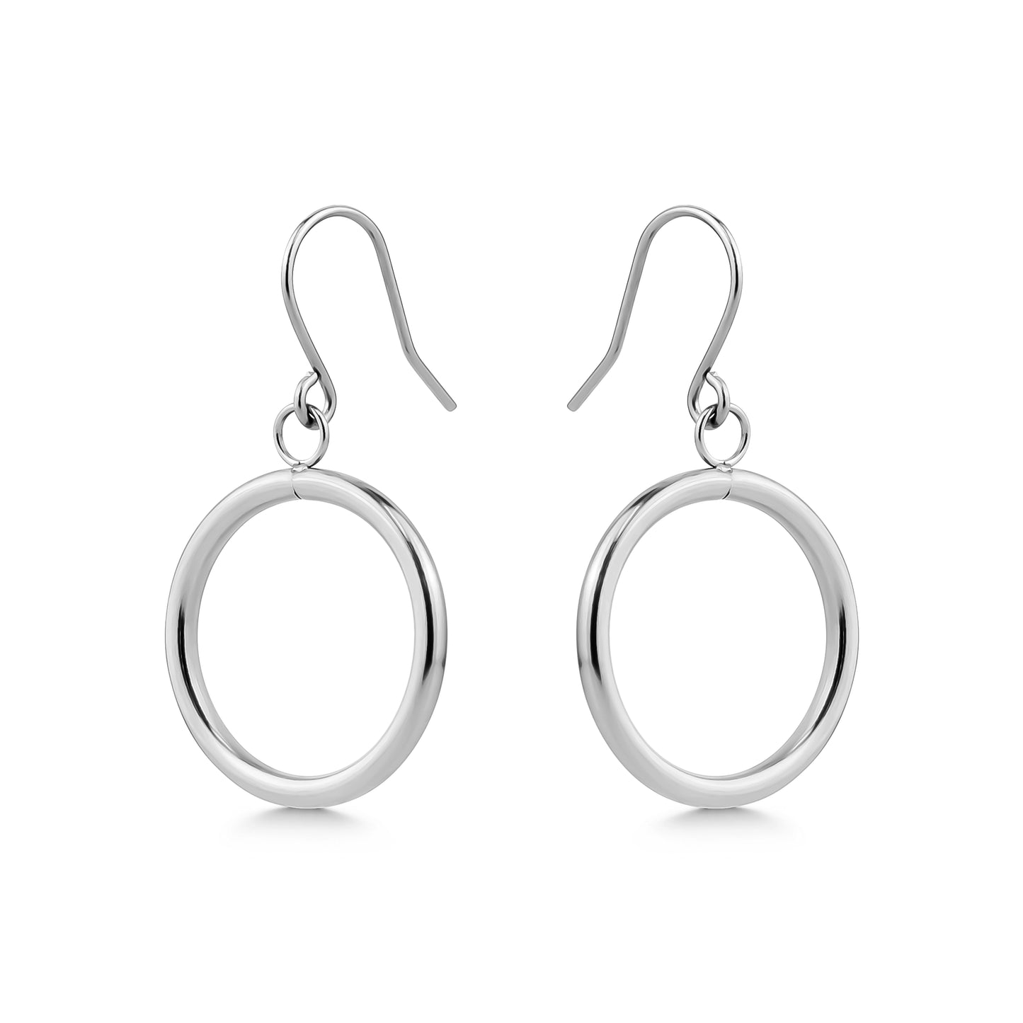 Pair of 20 mm titanium hoop earrings on a white background