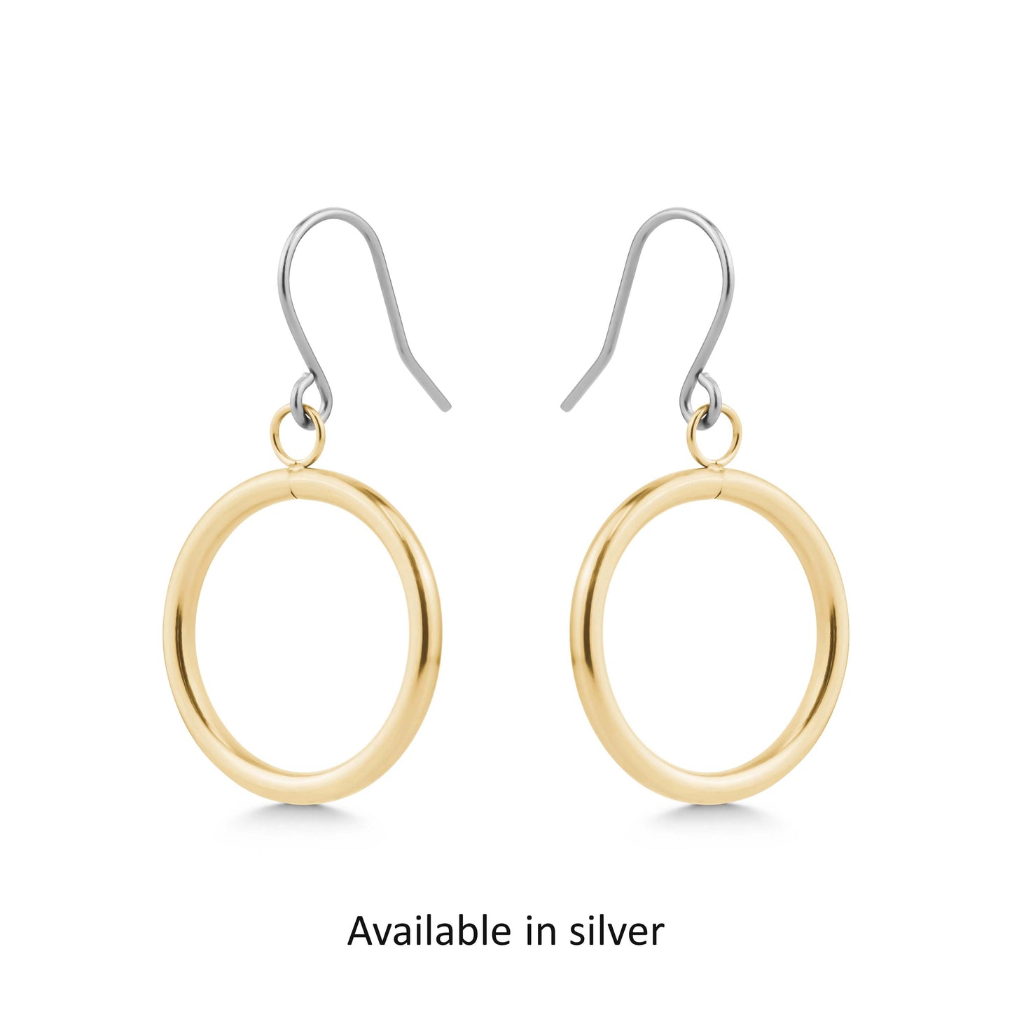 Gold titanium hoop earrings on a white background with 'Available in silver' text.