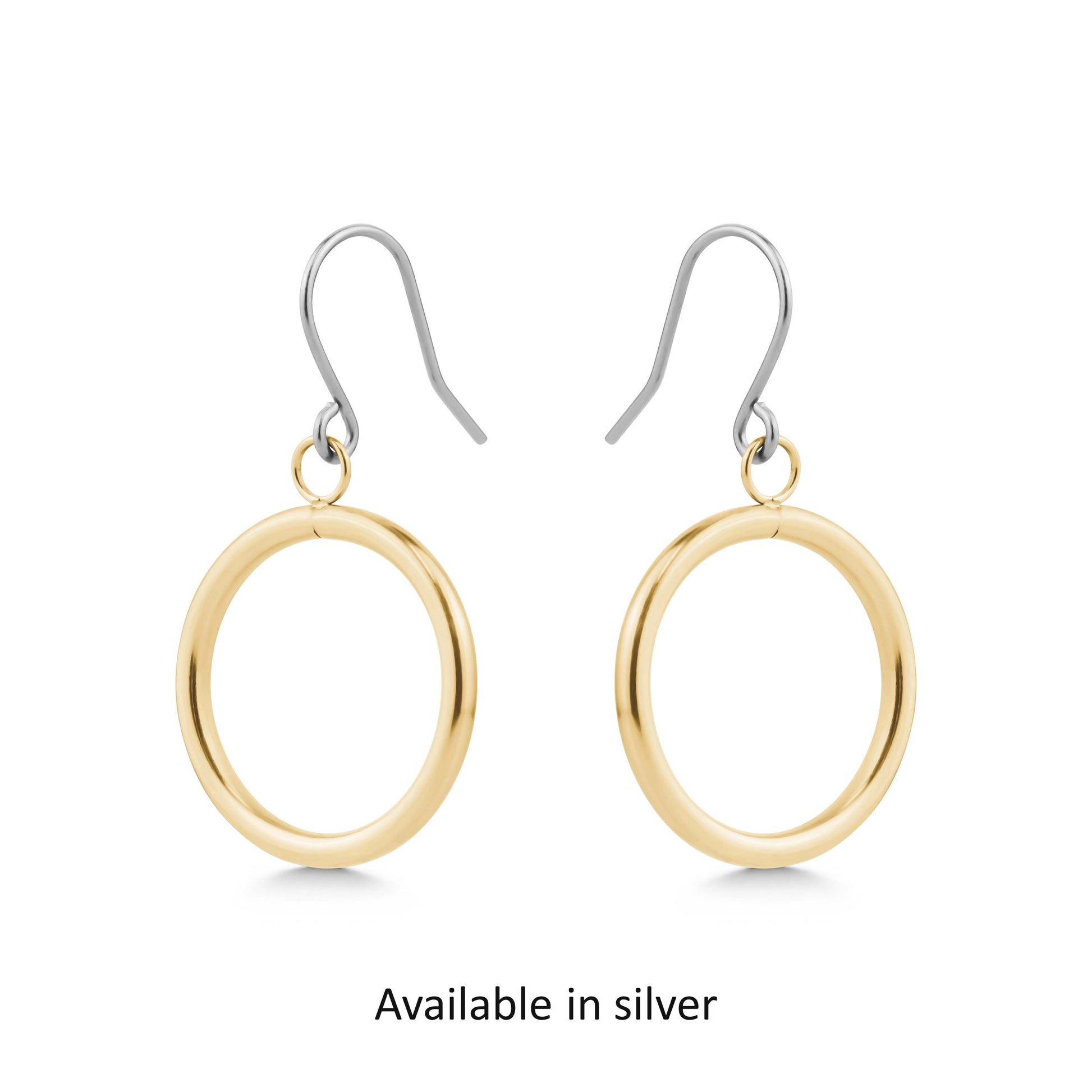 Gold titanium hoop earrings on a white background with 'Available in silver' text.