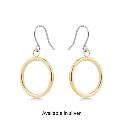 Gold titanium hoop earrings on a white background with 'Available in silver' text.