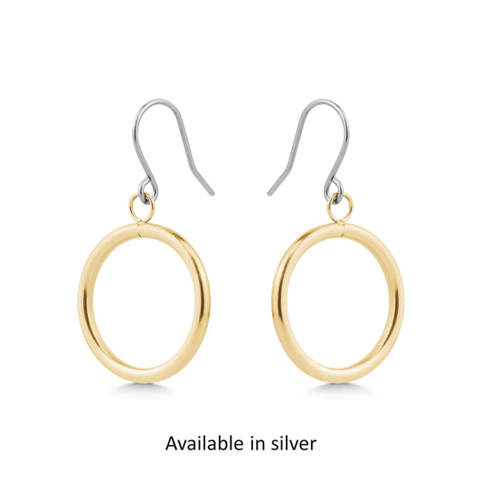 Gold titanium hoop earrings on a white background with 'Available in silver' text.