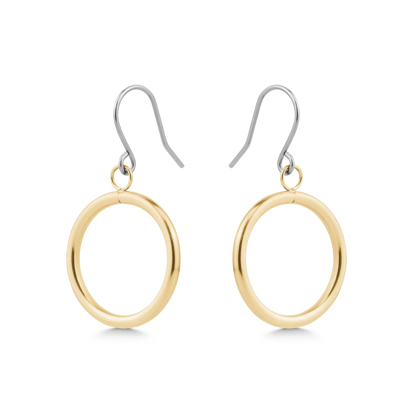Gold hoop earrings with titanium hooks on a white background