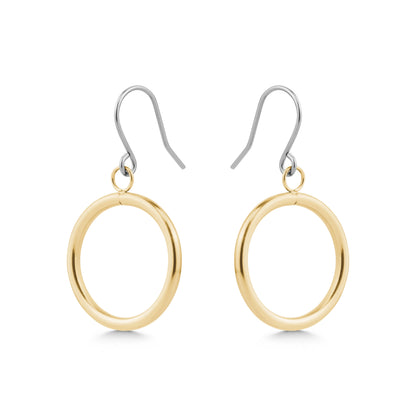 Gold hoop earrings with titanium hooks on a white background