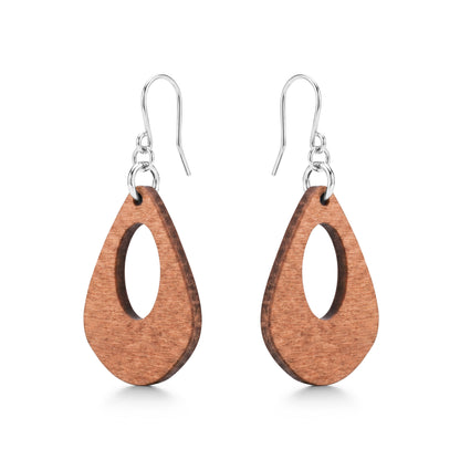 Wooden Water Drop Earrings with titanium hook on a white background