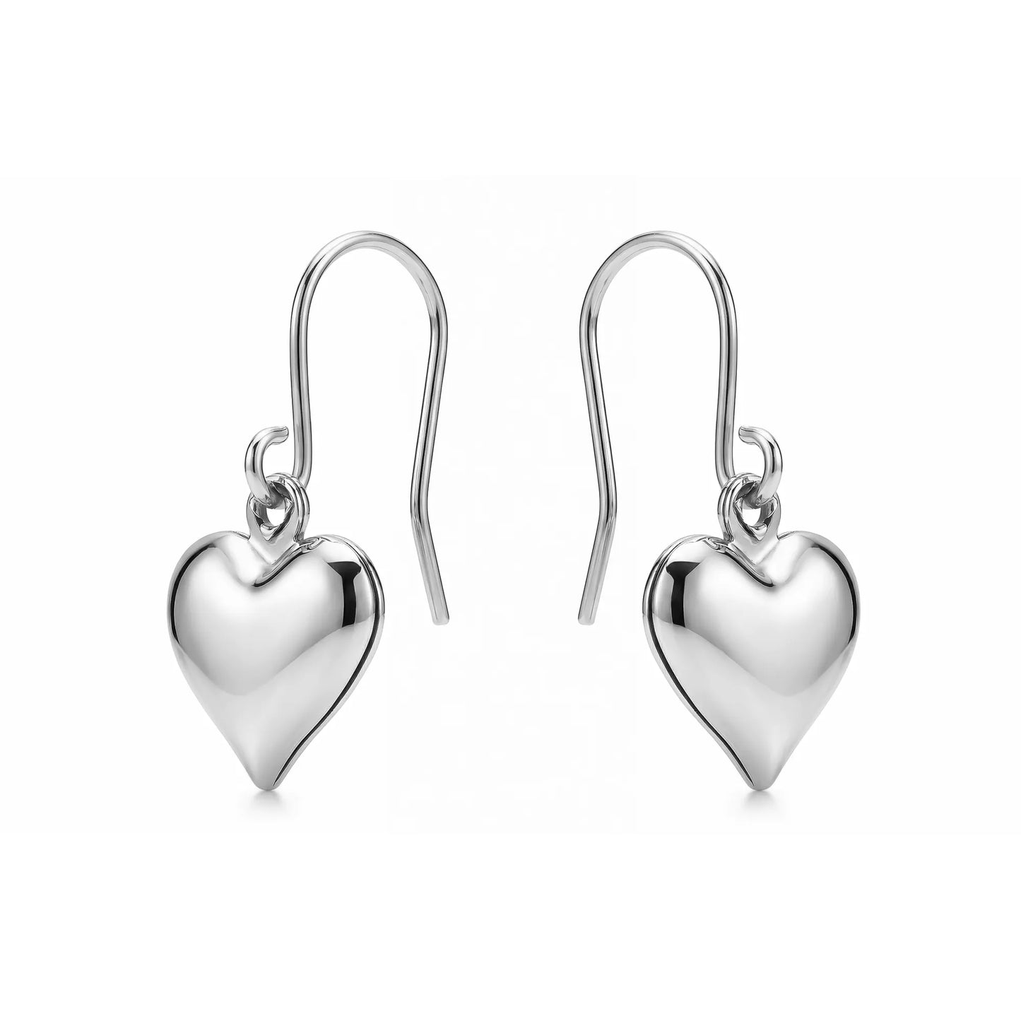 Silver heart earrings with a titanium hook on a white background
