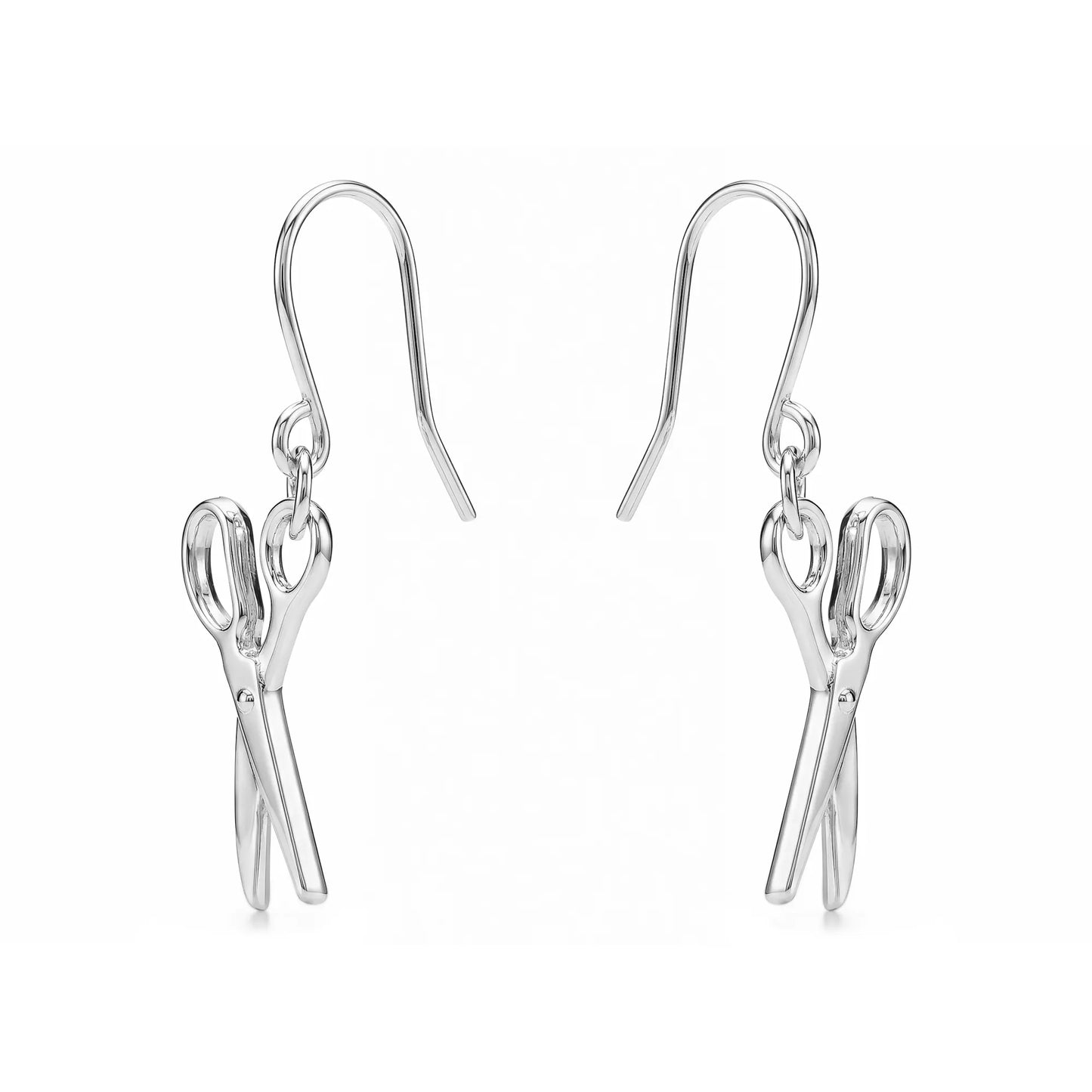 Mini scissor earrings with a titanium hook on a white background