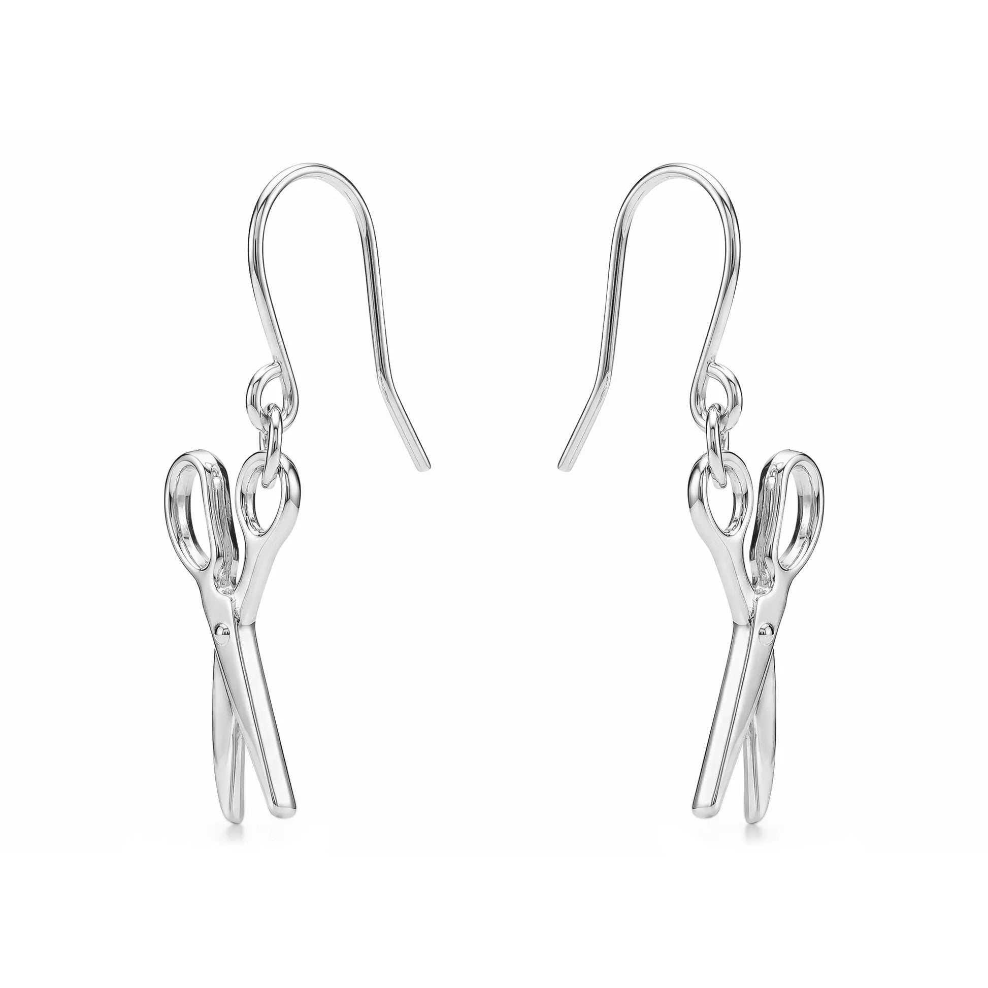 Mini scissor earrings with a titanium hook on a white background