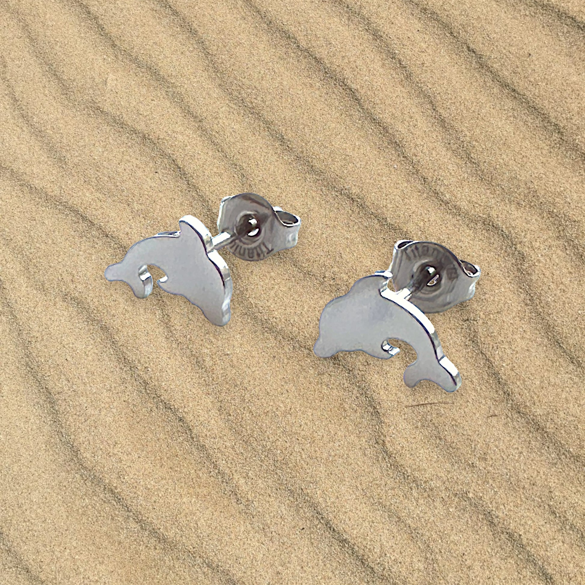 Dolphin studs -solid titanium- and studs and backs- Feature a small and minimal design on a sand background