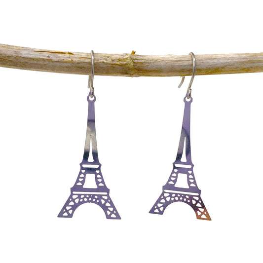 Eiffel Tower Charm earrings with a titanium hook on a white background