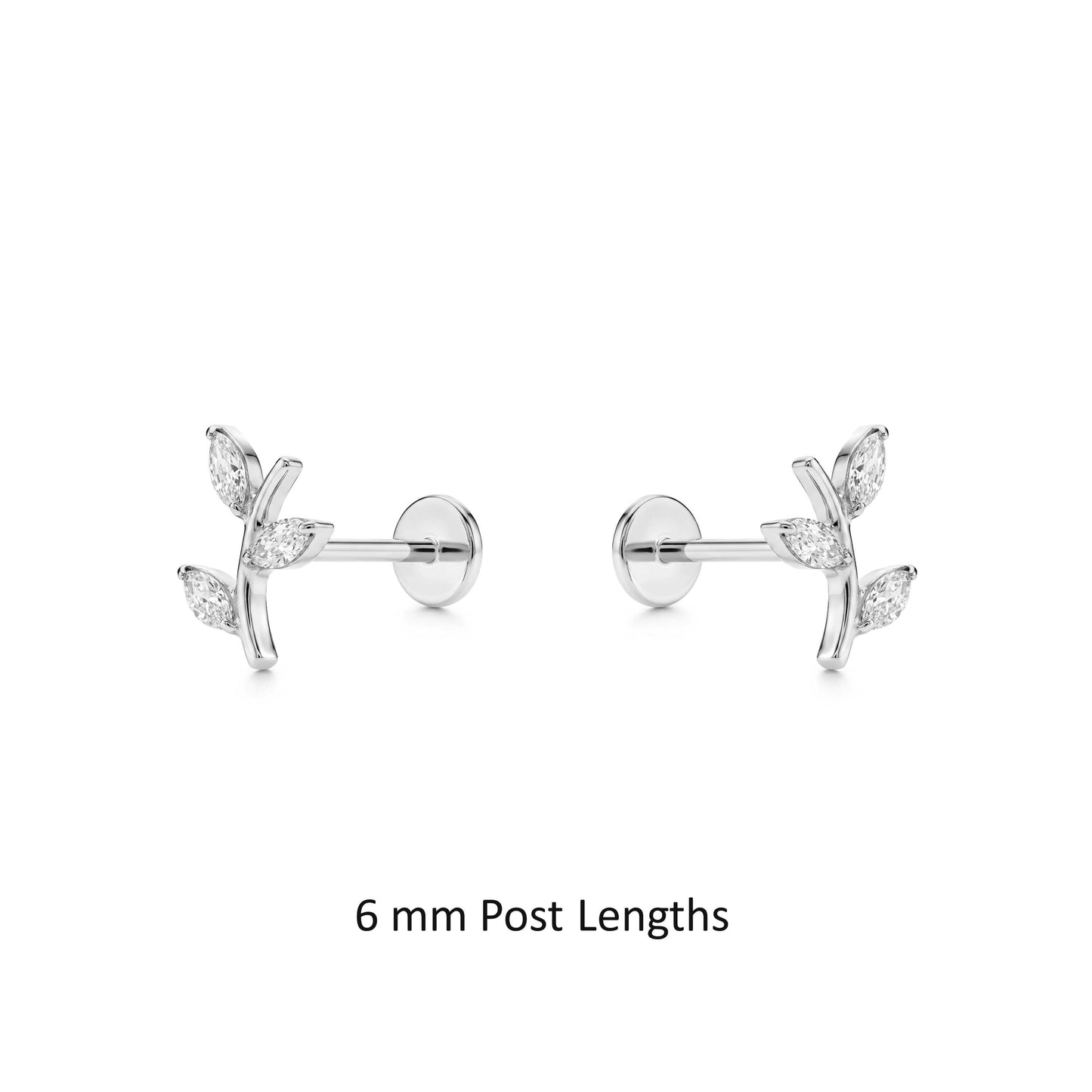 Pair of silver earrings 6 mm post lengths with leaf design on a white background