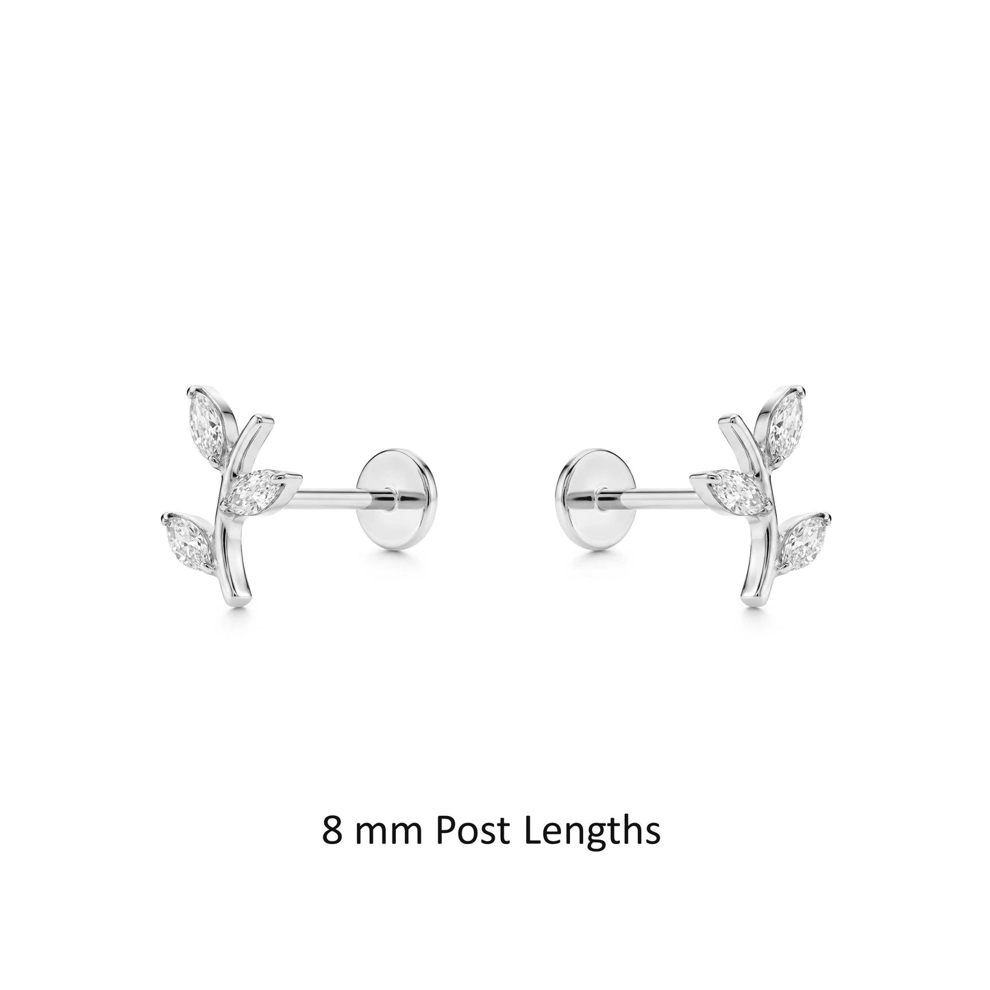 Pair of titanium earrings 8 mm post lengths with leaf design on a white background 