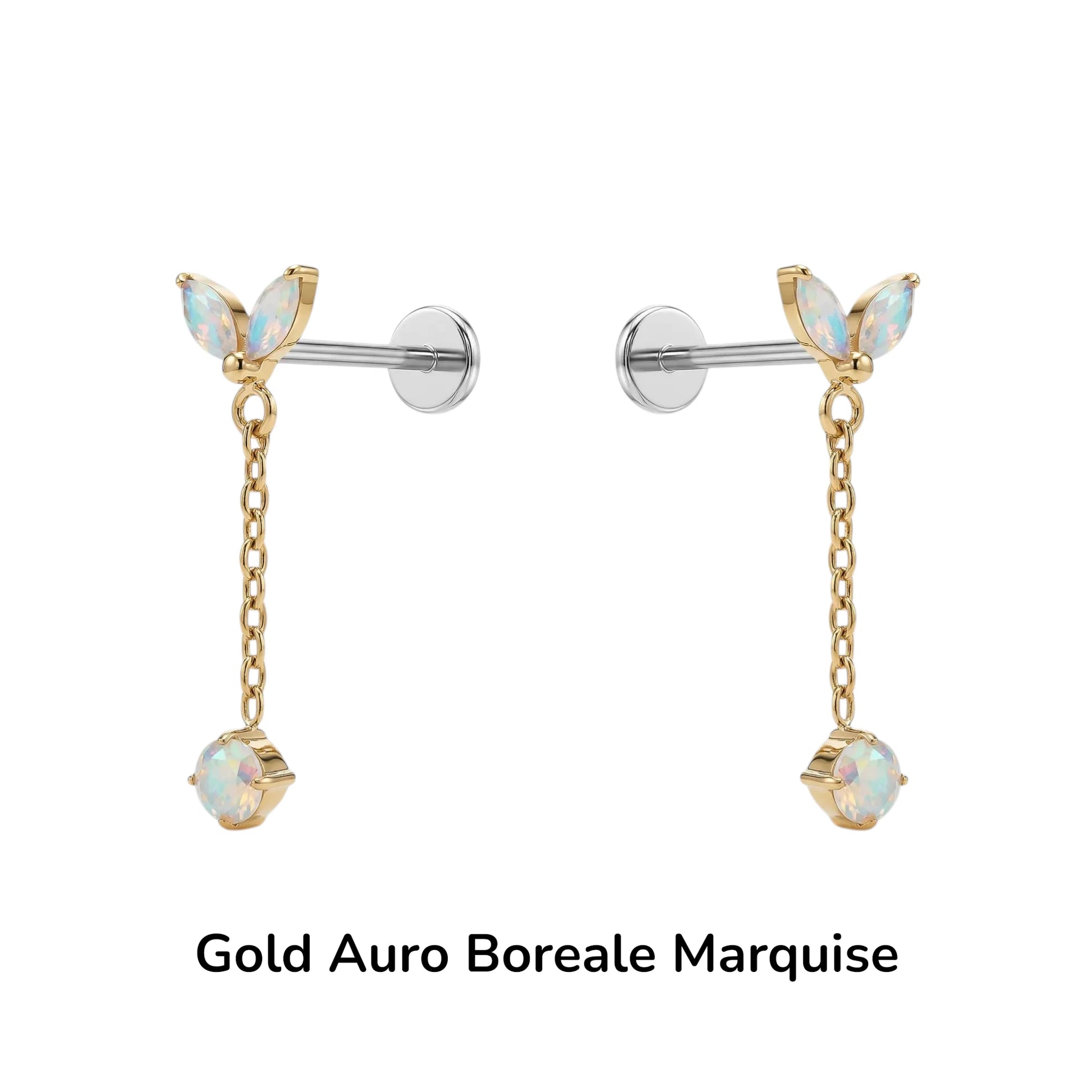 titanium flat back earrings Auro Boreale marquise and gold chains on a white background